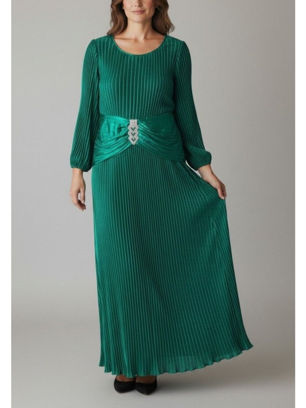 Edith Flagg Green Pleated Evening Dress With Rhinestone Accent Size 10 3/4 Sleev